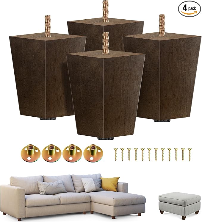 Yes4All 4-Inch Square Wooden Furniture Legs Set of 4, Brown Mid-Century Modern Feet for Sofa, Ottoman, Bench, Dresser, and Table Risers with Adjustable Levelers for Stability and Floor Protection