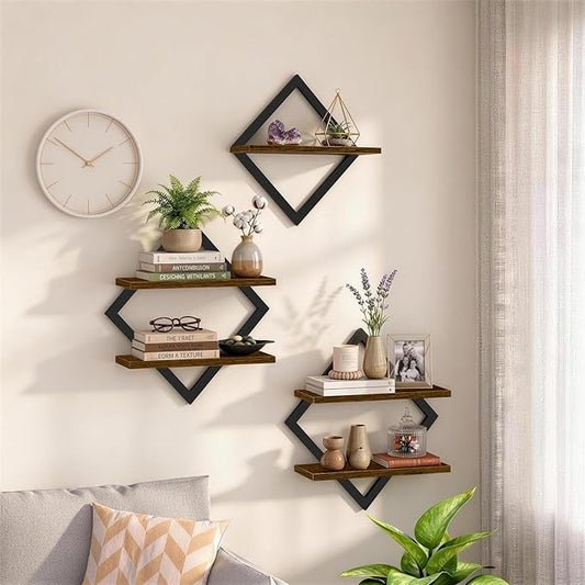 Geometric Floating Shelves Set of 3, Decorative Rustic Wall Shelves for Living Room, Bedroom & Bathroom, Wood & Metal Farmhouse Wall Mounted Display Shelves for Plants, Picture Frames & Small Decor