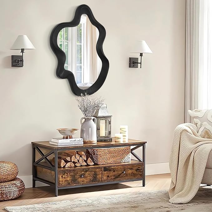Asymmetrical Mirror for Wall Decor Large Modern Wavy Wooden Framed Wall Mirror Unique Shape Wall Mounted Vanity Artistic Wavy Mirror Decorative for Living Room Bedroom Bathroom Entryway Black
