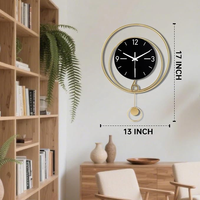Decorative Wall Clock, Silent Non-Ticking Quality Quartz Battery Operated with Pendulum, Large Wall Clock for Living Room Kitchen Home Bathroom Bedroom Wall Decor, 13x17Inch(Black)