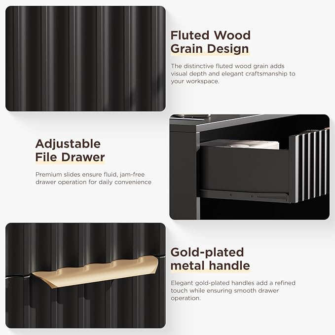 Vabches Fluted Computer Desk with Power Outlets, Home Office Desk with Drawers, Printer Stand, Wood Computer Desk with Long Monitor Stand, Black