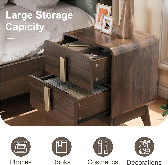 Mid Century Modern Bedroom Sets, 5 Drawer Dresser and Nightstand Sets for Bedroom, Night Stand Set 2 & 5 Drawer Dresser with Gold Handles, Wood Chest of Drawers Storage Cabinet Set, Walnut