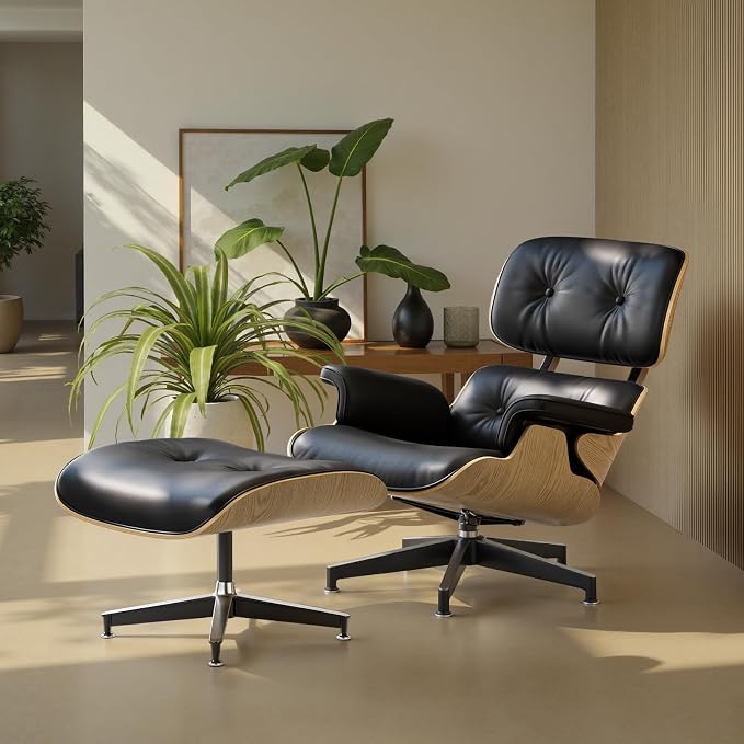 Top Black Grain Leather, Mid Century Chaise Lounge Chair and Ottoman, Modern Chair Classic Design, Ash Wood, Heavy Duty Base Support for Living Room Office