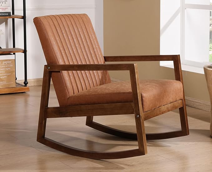 VESCASA Upholstered Faux Leather Rocking Chairs with Channel-Tufted Back, Mid-Century Modern Comfy Rockers with Black Walnut Wood Frame for Nursery Living Bedroom Indoor, Set of 2, Burnt Orange