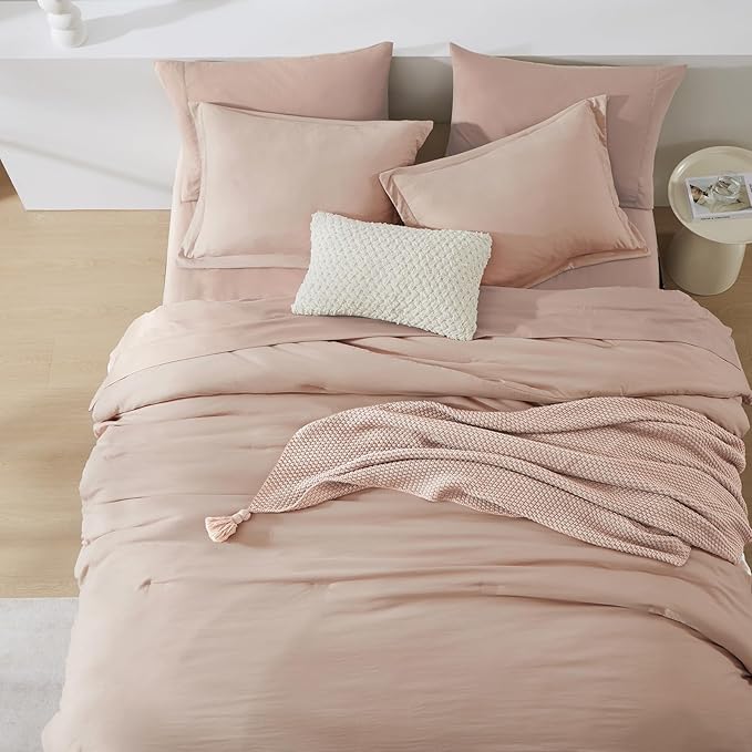 WRENSONGE Queen Comforter Set - 7 Pieces Clay Pink Soft Bed in a Bag Queen with Fitted Sheet, Flat Sheet, 2 Pillow Shams, and 2 Pillowcases- Warm Bedding Sets for All Season