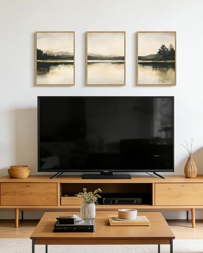KUVIOKE Watercolor Abstract Mountain Lake Framed Wall Art Brown Landscape Nature Wilderness Painting Nordic Neutral Tan Illustration Decorative Home Decor 12x16in (Natural Framed)