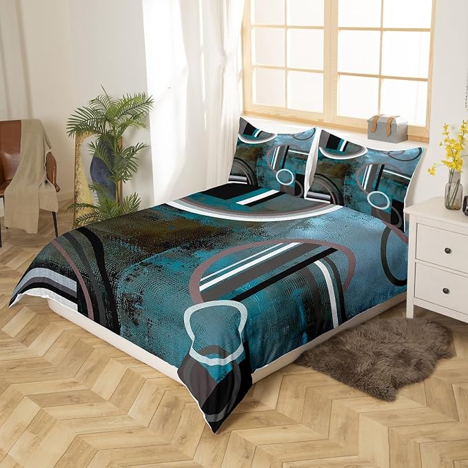 Erosebridal Blue and Brown Grey Duvet Cover Queen Size,Oil Painting Style Bedding Set for Teens Adult,Modern Geometric Circles Duvet Cover Set,Abstract Aesthetic Bed Cover Bedroom Decor 3Pcs