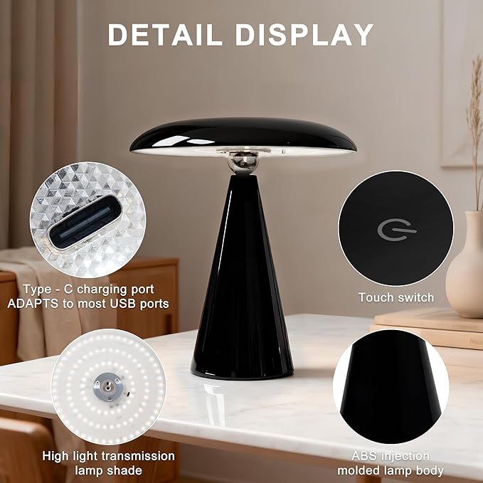 Mushroom Lamp Mid Century Modern Table Lamp, LED Cordless Rechargeable Bedside Light, Dimmable Touch 3-Color Temp, Retro Small Lamp for Bedroom, Living Room，Aesthetic Decor(Black)
