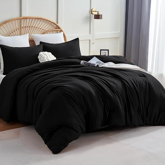 CozyLux California King Comforter Set Black, 3 Pieces Cal King Lightweight Down Alternative Quilted Bedding Sets, All Season Soft Breathable Solid Comforter with 2 Pillowcases, Bed Set Gift for Home