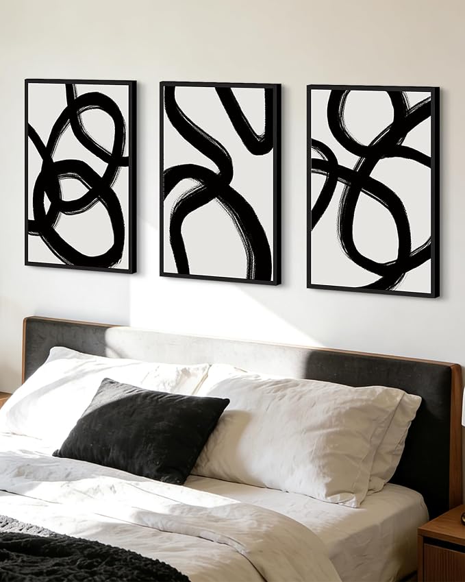 Drsoum Lager 16x24in Black and Gray Abstract Framed Wall Art Decor Duotone Minimal Dark Brush Stroke Prints Shapes Illustrations Modern Art Decorative Ready To Hang - Black Framed