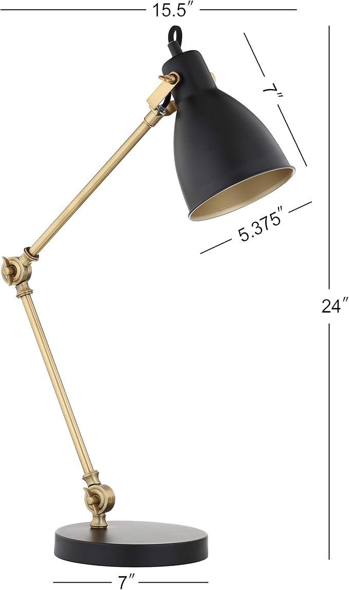 JONATHAN Y JYL6003A 24" Modern Metal Task Lamp, Adjustable Desk Lamp in Black and Brass Gold for Home Office, Reading, Contemporary Bedside Nightstand Lamp for Bedroom, Metal Shade, LED Bulb Included