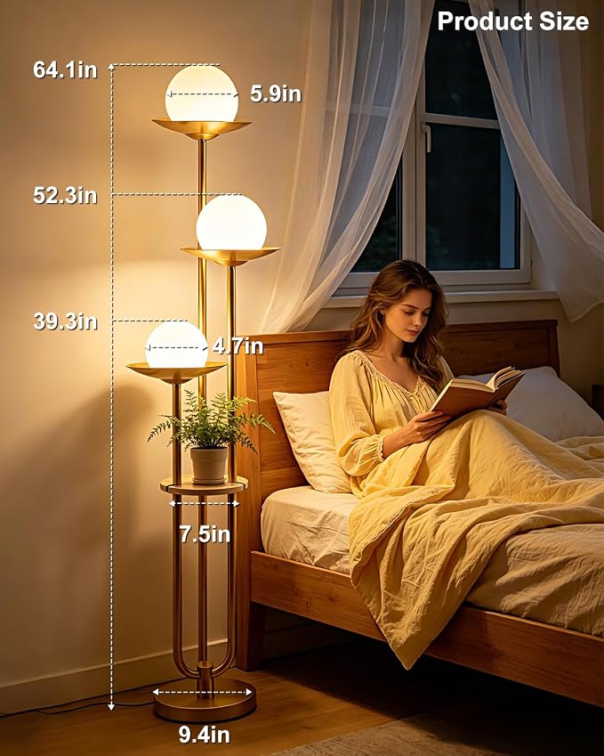 Lightdot Globe Floor Lamp with Shelf 3-Lights Modern Dimmable Floor Lamps for Wedding/Party, 3000K Warm White Bulbs Included, Gold Tall Standing Lamp for Living Room/Bedroom/Sofa Beside/Corner Decor