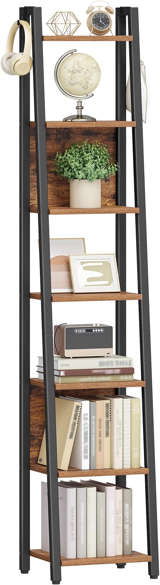 Hzuaneri Ladder Shelf, 7-Tier Narrow Bookshelf with 2 Back Panels, Industrial Ladder Shelf with 2 Hooks, for Home Office, Living Room and Bedroom, 12.2" D x 12.2" W x74.2''H, Rustic Brown BC31701B