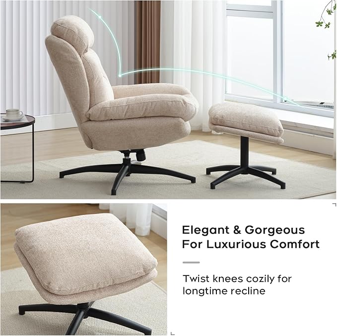 Swivel Accent Chair with Ottoman Set for Living Room, Chenille Comfy Reading Chair with High Back, TV Lounge Chair with 360 Degree Swiveling, Tilting for Bedroom, Modern Armchair with Footrest, Beige
