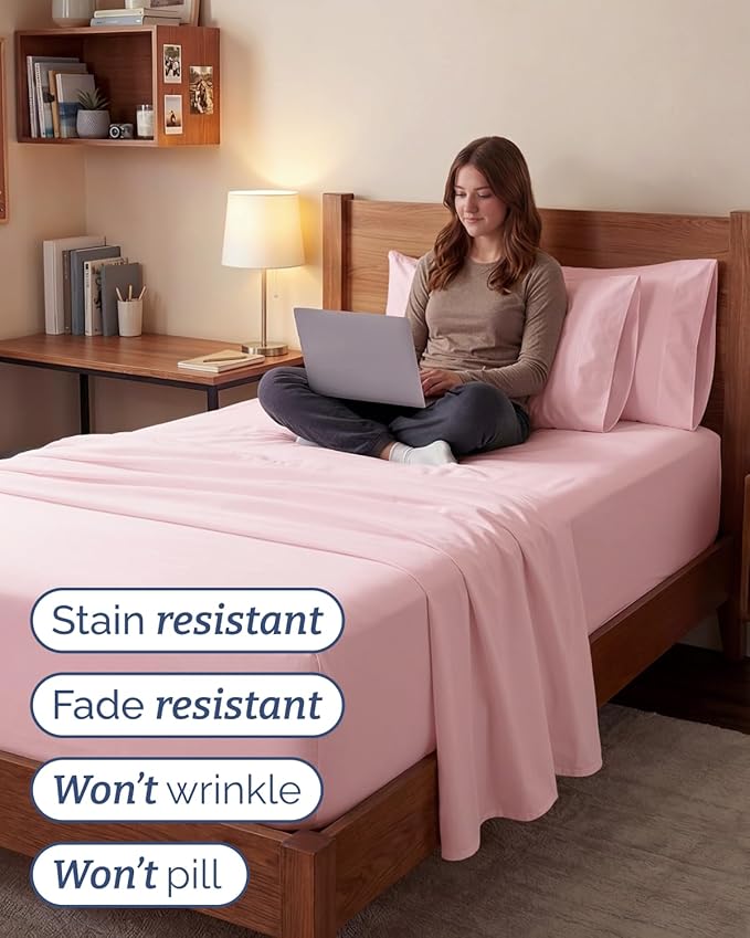 Extra Deep Twin XL Sheet Set - 4 Piece College Dorm Bed Sheets Set with Extra Deep Pockets - Ultra-Soft, Comfy & Breathable Bedding for Women, Men, Kids & Teens - Wrinkle & Fade Resistant - Baby Pink