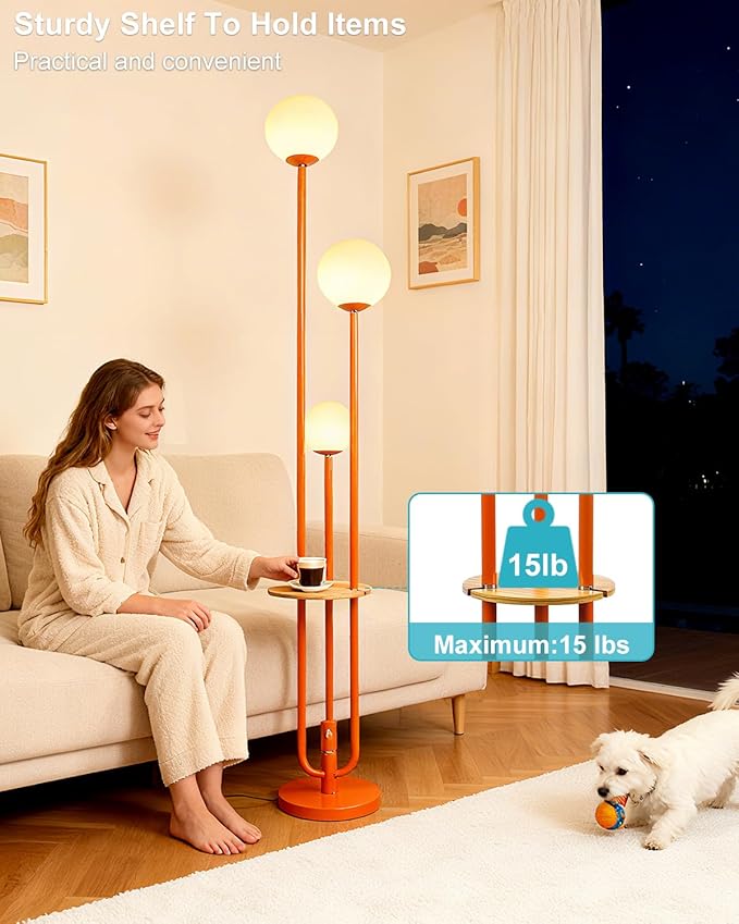 Lightdot 63IN Orange Floor Lamp with Shelf Mid Century Modern Tall Standing Lamps with 3000K Warm White Bulb Included Dimmable Globe Floor Lamp for Living Room/Party/Sofa Beside/Corner Decor