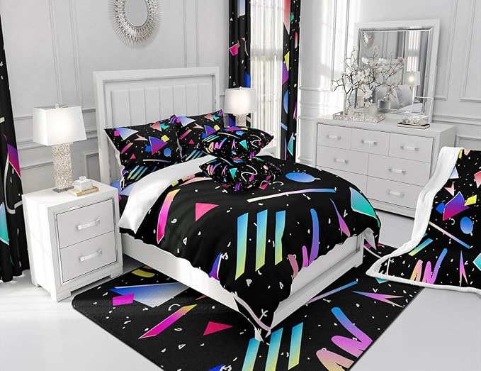 Manfei Memphis Comforter Set Queen Size, Colorful Geometric Abstract Bedding Set 3pcs for Kids Boys Girls, Retro 80s 90s Fashion Style Quilt Set Soft Polyester Duvet Set with 2 Pillowcases