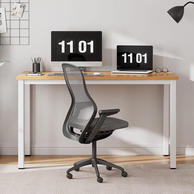 Need Computer Desk, 47 inch Home Office Desk, Modern Simple Style Home Office Gaming Desk, Basic Writing Table for Study Student, White Metal Frame, Teak Tabletop