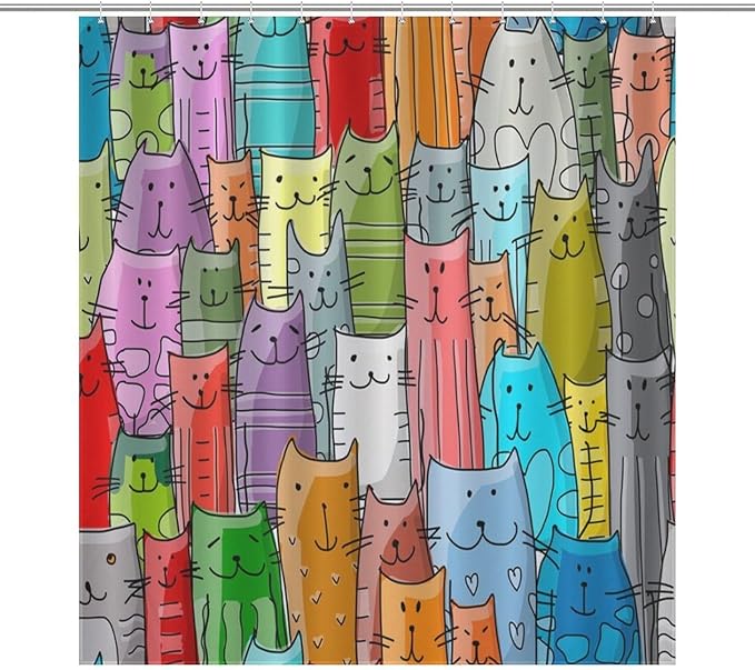 Cat Shower Curtain,Cartoon Cute Cat Pets Colorful Funny Animals Bathroom Curtain Polyester Waterproof Fabric Decor 66x72in（168x183cm）