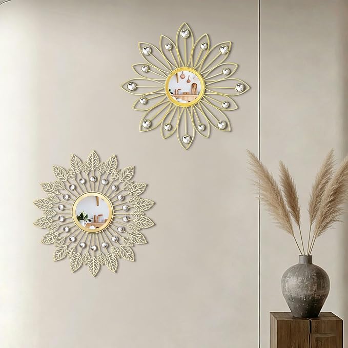 2 Pack Metal Mirrors for Wall Boho Sunburst Wall Mirror Home Decor Modern Decorative Wall Art for Bedroom Living Room Entryway