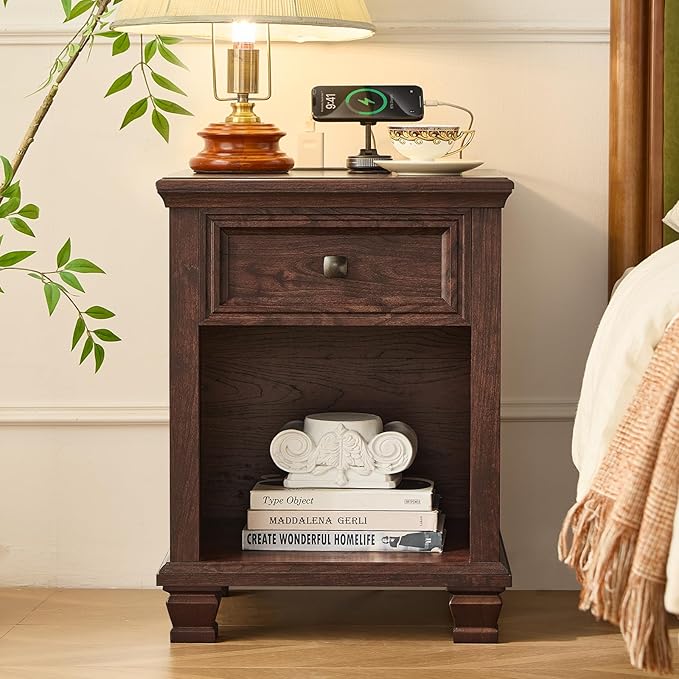 Farmhouse End Tables Living Room with Drawer, Rustic Wood Nightstand with Charging Station, Brown Bedside Table with Open Shelf for Bed Room, Living Room, Walnut