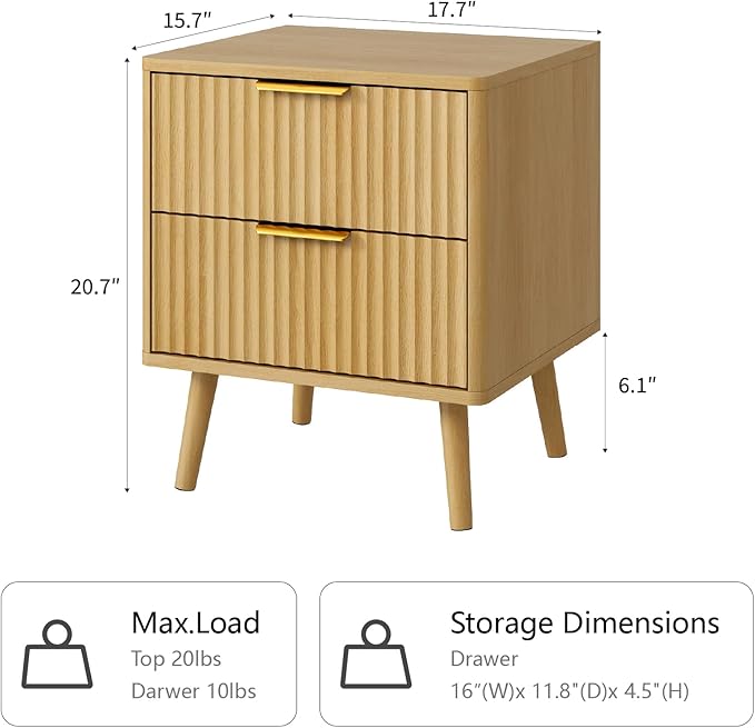 CARPETNAL Fluted Dresser and Nightstand Sets for Bedroom, 3 Pcs Bedroom Set, 7-Drawer Dresser & 2-Drawer Nightstand Set of 2, Modern Wood Chest of Drawers for Living Room, Entryway, Oak