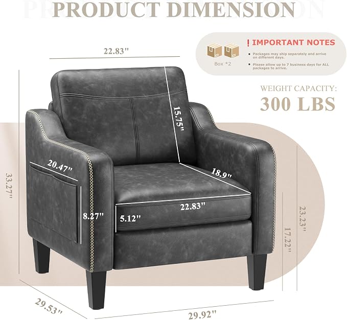 MALOL PU Leather Accent Chair, Mid-Century Modern Living Room Armchair Sofa with Removable Cushions, Solid Wood Frame & Stitched Armrest Design, Bedroom Chair with Plastic Legs, Black
