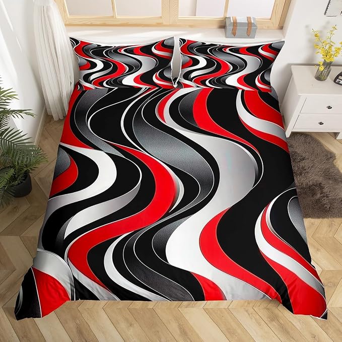 Erosebridal Geometric Wavy Lines Comforter Cover King for Kids Teens Adults,Minimalist Abstract Art Duvet Cover,Modern Aesthetic Bedding Set,Red Grey Black Bed Set with 2 Pillowcases Bedroom Decor