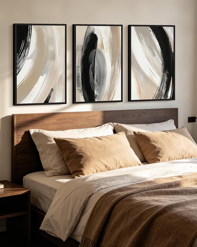 KUVIOKE Modern Abstract Framed Wall Art Black Neutral Minimalist Ink and Wash Graffiti Pastel Wall Decor for Bedroom Living Room 16x24in (Black Framed)