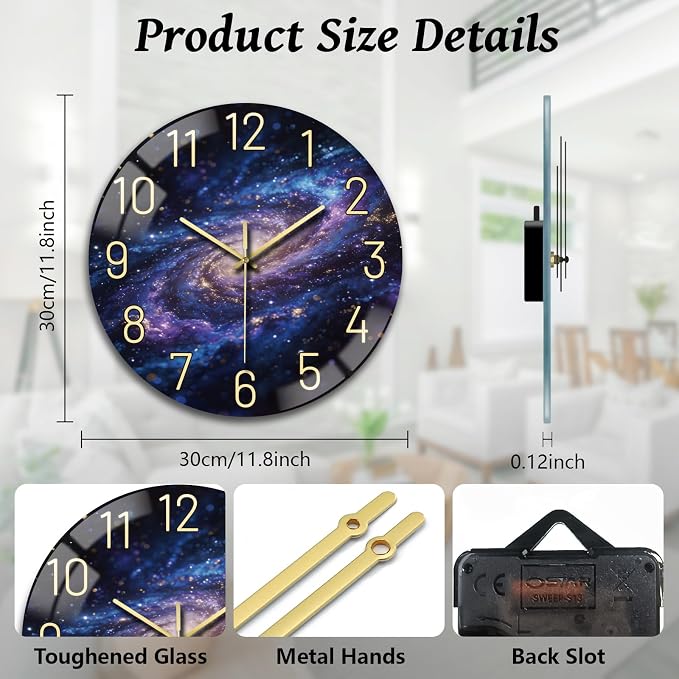 peacoblue Wall Clocks Battery Operated 12 Inch Universe Galaxy and Starry Sky Glass Round Wall Clock Non Ticking for Kitchen Living Room Dining Room Bedroom and Bathroom Decor (Battery not Included)