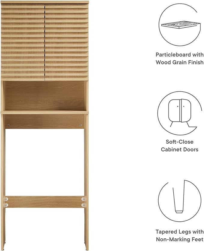 Modway Render Over The Toilet Storage Cabinet in Oak - Modern Bathroom Organizer with Open Shelf, 2 Soft-Close Doors, Wall Cabinet for Above Toilet Storage - Linen Cabinet with Adjustable Shelves