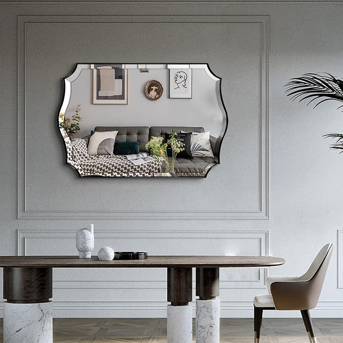 POZINO Scalloped Beveled Wall Mirror, 24"x36" Matte Black Rectangle Vanity Mirror for Over Sink, Modern Irregular Wavy Shaped Mirrors for Bathroom Living Room Bedroom Fireplace Entryway