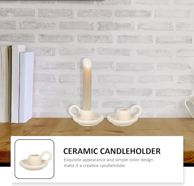 DOITOOL 2Pcs Ceramic Candle Holder Candlestick Holder with Handle, Taper Candle Stand Candlelight Stand Holder Decorative Candle Display Holder for Desktop Dining Room Home Decoration Display (Beige)