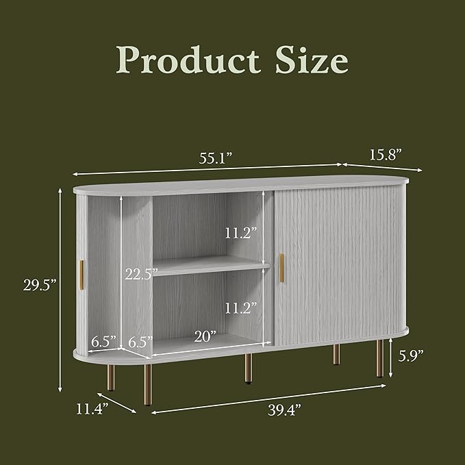 DHH Sideboard Buffet Cabinet with Storage,Mid Century Modern Fluted Accent Coffee Bar Console Table,Tambour Sliding Doors& Adjustable Shelf for Kitchen, Living Room, Entryway(White,55 Inch)