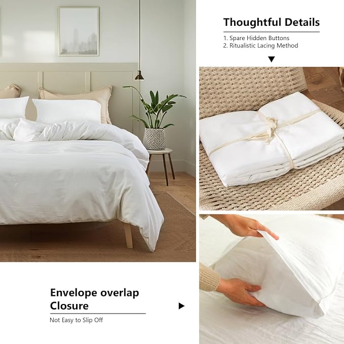 FALUCA French Linen Blend Duvet Cover Set 3Pcs King (104"x92") - Soft, Breathable, Cooling Farmhouse Bedding for Summer Hot Sleeper (King, White)