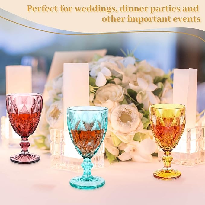 Set of 12 Vintage Glass Goblets Bulk 10 oz Multi Colored Stemware Wine Glasses Crystal Stemmed Drinking Glasses Cups Diamond Pattern Glassware Set for Party Wedding Bar Water Juice Beverage 6 Colors