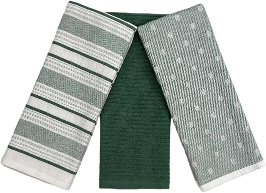 Dark Sage Green White Kitchen Hand Dish Towels: Oversized 28" x 16" 100% Cotton Cloth Soft Cleaning Drying Absorbent Striped Solid Polka Dot Design Set of 3, Multipurpose for Everyday Use