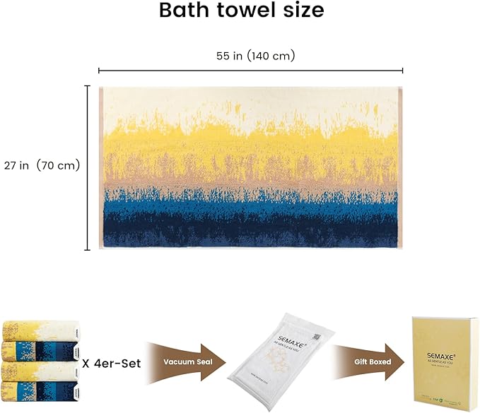 SEMAXE 4-Pack Luxury Bath Towels for Bathroom, 100% Cotton, Soft, Absorbent, and Quick-Drying, 55"x27", Colorful, Perfect for Hotels, Gyms, and Spas
