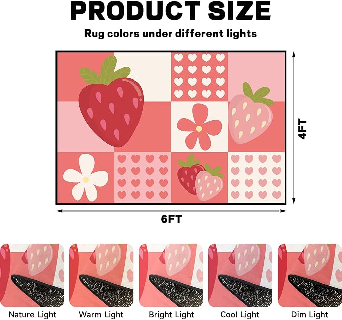 Strawberry Checkered Rug Cute Red Area Rug Love Flower Washable Carpet for Bedroom Living Room Nursery Kitchen Playroom Home Decor Soft Non Slip Floor Mat，4'x6'