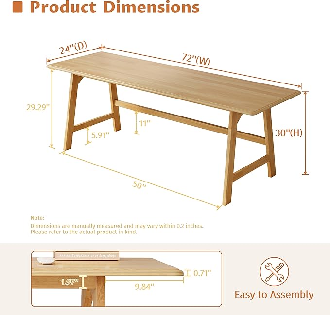 IOTXY Solid Wood Writing Table - 72" W x 24" D Minimalist Long Computer Desk for Home Office, Work, Study, Creativity, and PC Workstation, Oak