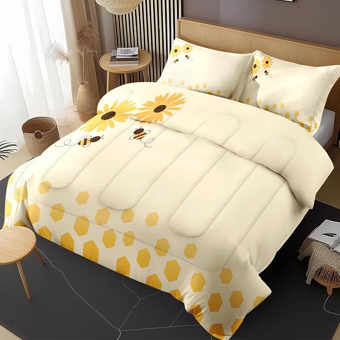 Comforter Set with 2 Pillowcases Full Size, Honey Bee Themed Yellow Sunflower, Bed Decor Cute Daisy Flower Bumble Honeycomb for Kids and Adults, Soft Cozy Bedroom Bedding Set