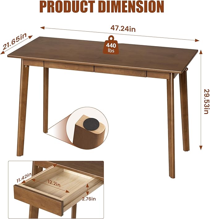 Solid Wood Desk with Drawers - 47 x 16 Inch Modern Narrow Desks, Rubber Wood Study Table, Small Writing Desk for Small Spaces|Bedroom - Black Desks