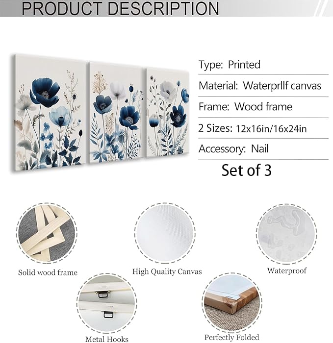 BingruiArt Navy Blue Canvas Wall Art Blue and Gray Boho Flower Wall Decor Floral Watercolor Art Prints Pictures Painting for Living Room Bedroom Bathroom 3Pcs 16x24in Framed