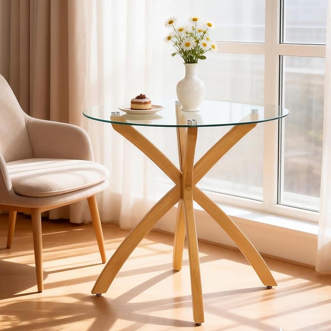 ivinta Small Glass Dining Table for 2-4 People, 31.5" Round Coffee Table with Solid Wood Legs, Mid-Century Modern Kitchen Table for Dining Room, Living Room, Restaurant, CURD-80 (Natural Wood)