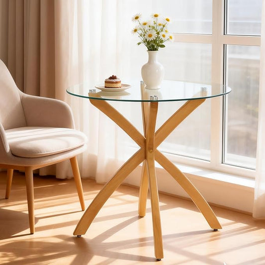 ivinta Small Glass Dining Table for 2-4 People, 31.5" Round Coffee Table with Solid Wood Legs, Mid-Century Modern Kitchen Table for Dining Room, Living Room, Restaurant, CURD-80 (Natural Wood)
