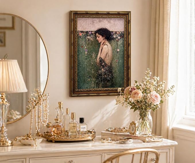 dzbLuck Vintage Ophelia Wall Art Print, Romantic Victorian Gothic Dark Academia Decor, Antique Female Portrait, Moody Floral Poster, Gold Frame 12x16 Inch