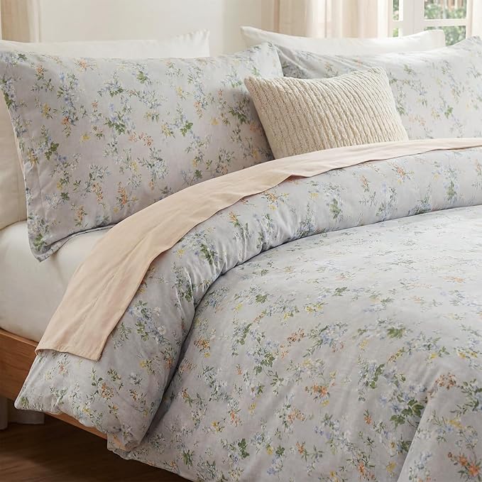 Green Floral Duvet Cover King Size 100% Cotton Botanical Coquette Bedding Sets with Zipper Closure 3 Pieces Soft & Breathable Reversible Comforter Cover