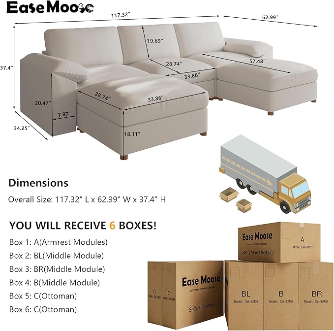EASE MOOSE Deep Seat Sectional Couch, Scratch Resistant Faux Leather Material, 5-Seat Oversized Modular Sofa for Living Room,U Shaped Modern Comfy Sofas,Beige