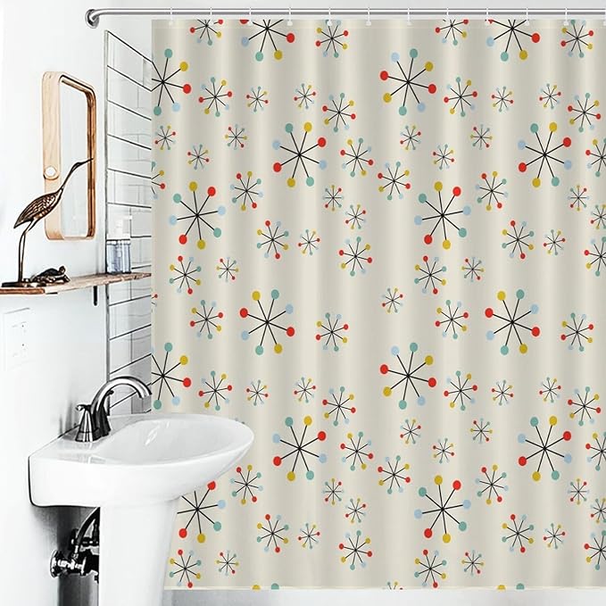 Mid Century Atom Pattern Shower Curtains, Colorful Retro Abstract Geometry Fashion Artistic Washable Waterproof Fabric for Bathroom Decor Bathtub with 12 Hooks 55x72in（140x183cm）