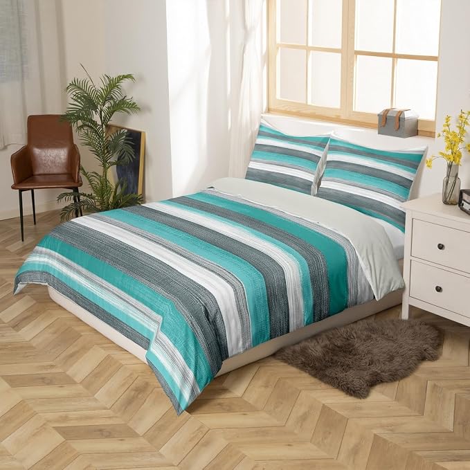 Erosebridal Grey White Teal Bed Set Abstract Art Duvet Cover, Geometric Stripe Bedding Set King Grunge Aesthetic Comforter Cover, Boho Hippie Modern Bed Cover 3pcs with 2 Pillow Case (Zipper Closure)
